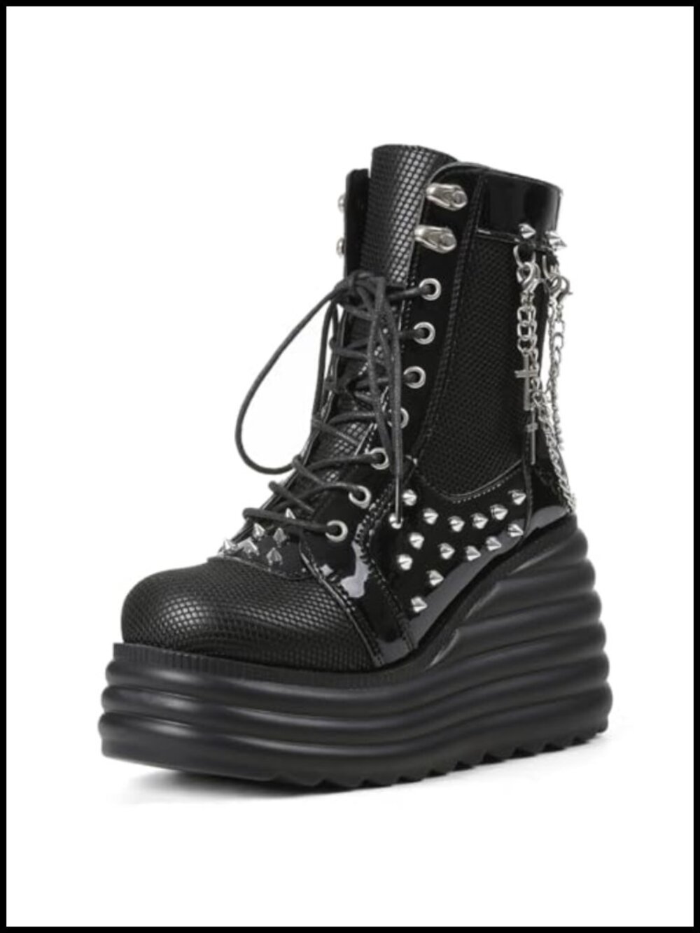 Black Platform Combat Boots with Punk Chains & Studs Lace Up Wedge Boots